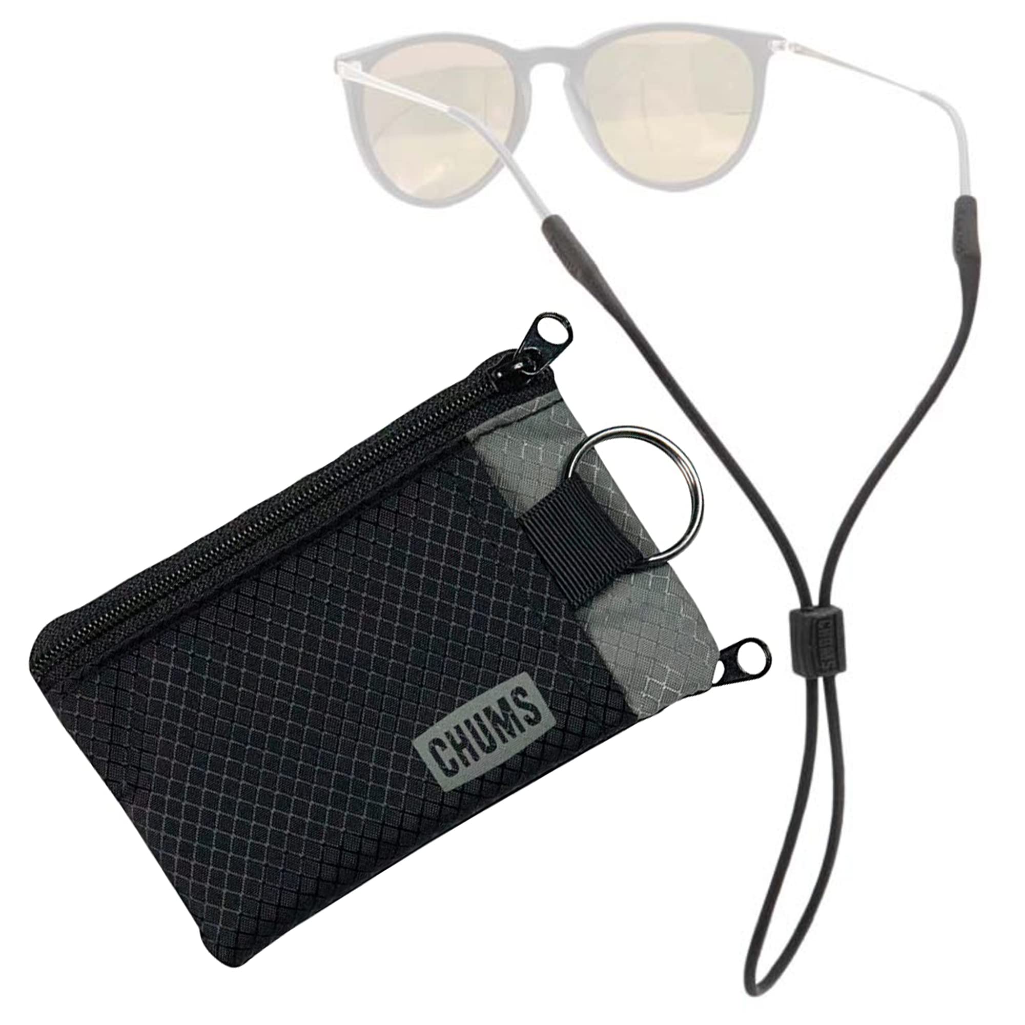 Chums Surfshorts Wallet Black/Gray Lightweight Zippered Minimalist Wallet with Clear ID Window Unisex Eyewear Keeper Bla